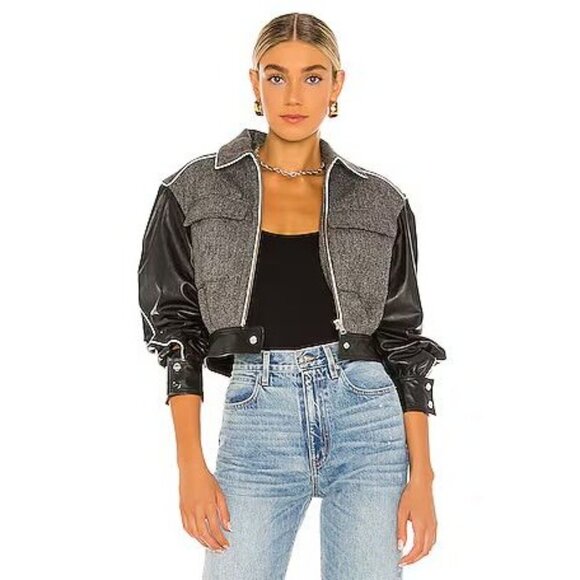 LAMARQUE Gray Wool Black Leather Bomber Biker Jacket Size Small NEW NWT - Picture 5 of 9